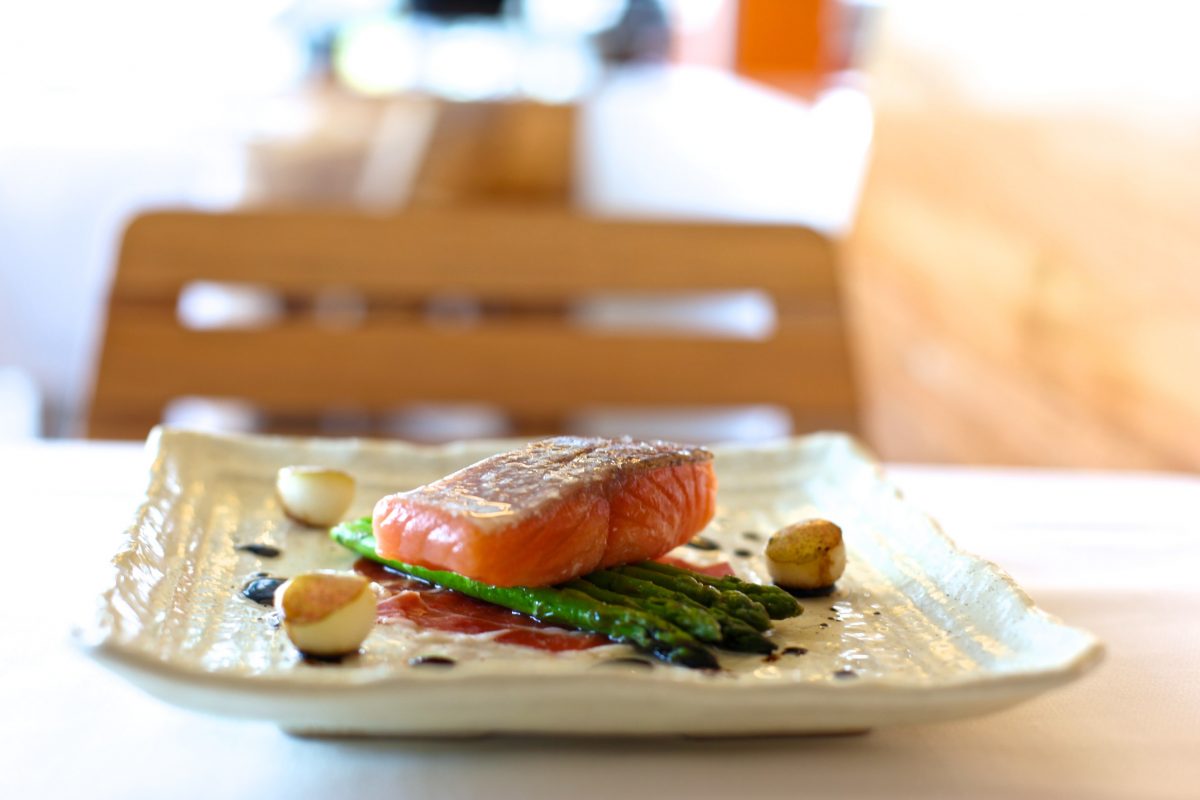 Poached Atlantic Salmon with Iberico Jamon, Asparagus and Coffee Oil